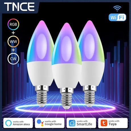 Three smart, color-changing LED candle bulbs.
