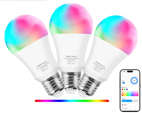 Three color-changing smart light bulbs with a smartphone app interface.