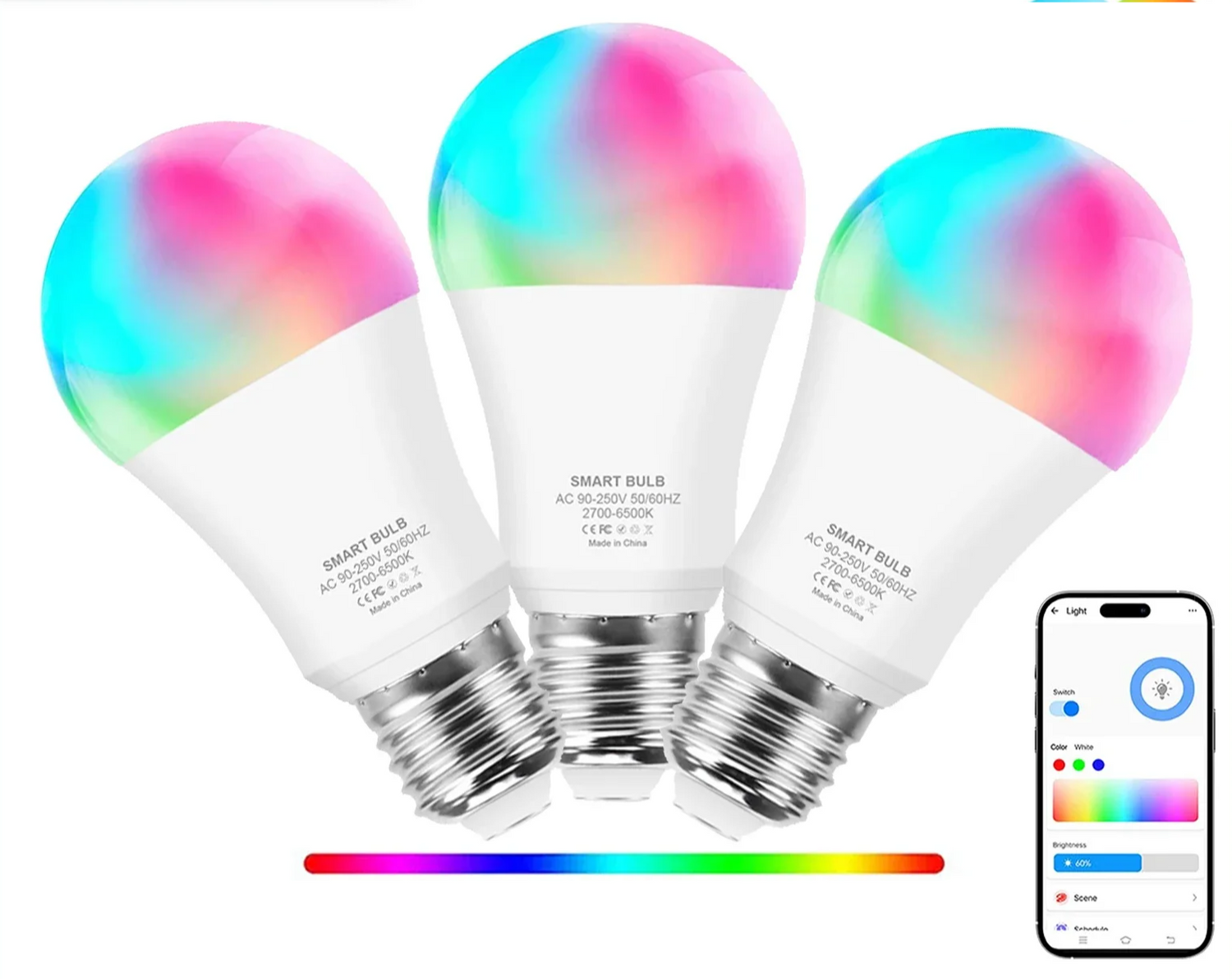 Three color-changing smart lightbulbs with a smartphone app interface.