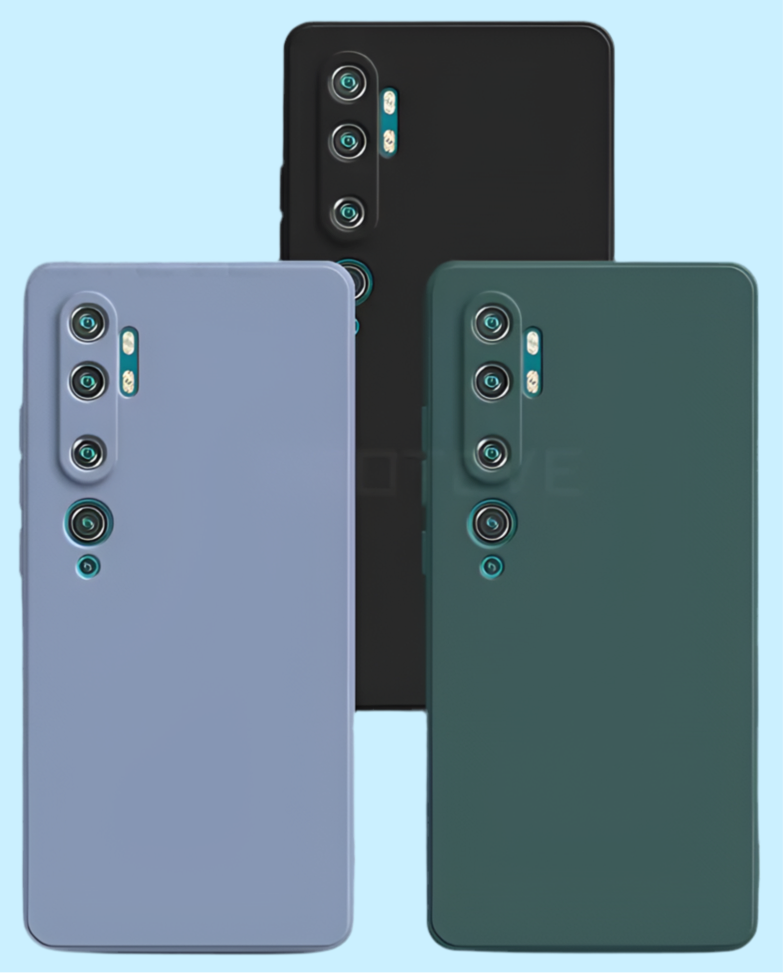 Three smartphones with multiple camera lenses arranged vertically on their backs, shown in black, lavender, and dark green colors.