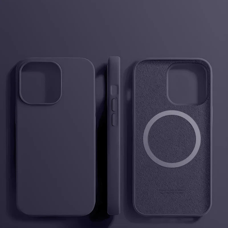 Three views of a dark purple silicone phone case with MagSafe compatibility.