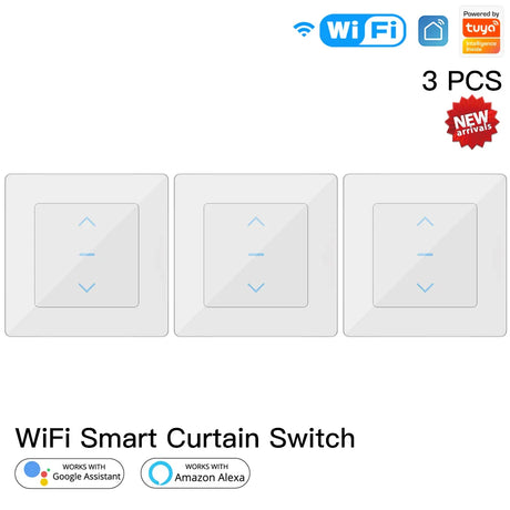 Three white smart curtain switches.