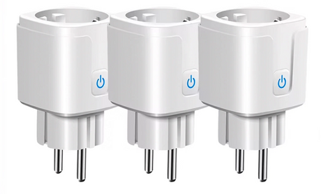 Three white smart plugs.