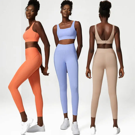 three women in different colors of yoga pants