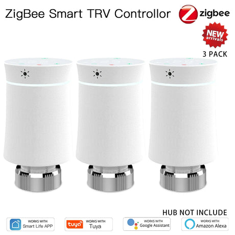 Three ZigBee smart TRV controllers.