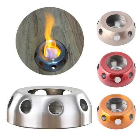 a set of four different colored metal burners