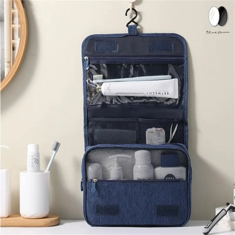 there is a hanging toiletry bag with a lot of items in it