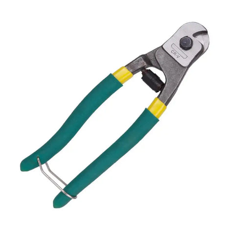 a green and yellow pliers with a metal handle