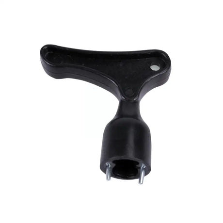 a close up of a black plastic handle on a white background