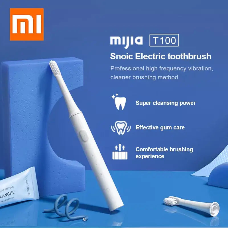 There is a toothbrush and other items on a blue table