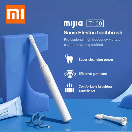 There is a toothbrush and other items on a blue table