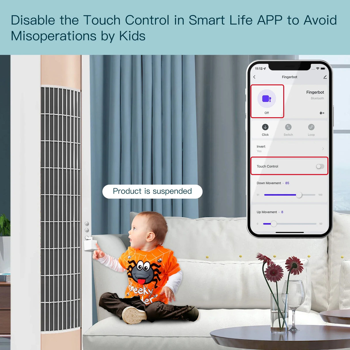 Tower fan with child.