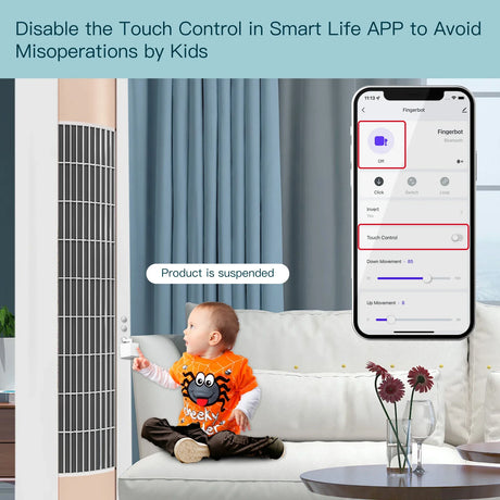 Tower fan with child.