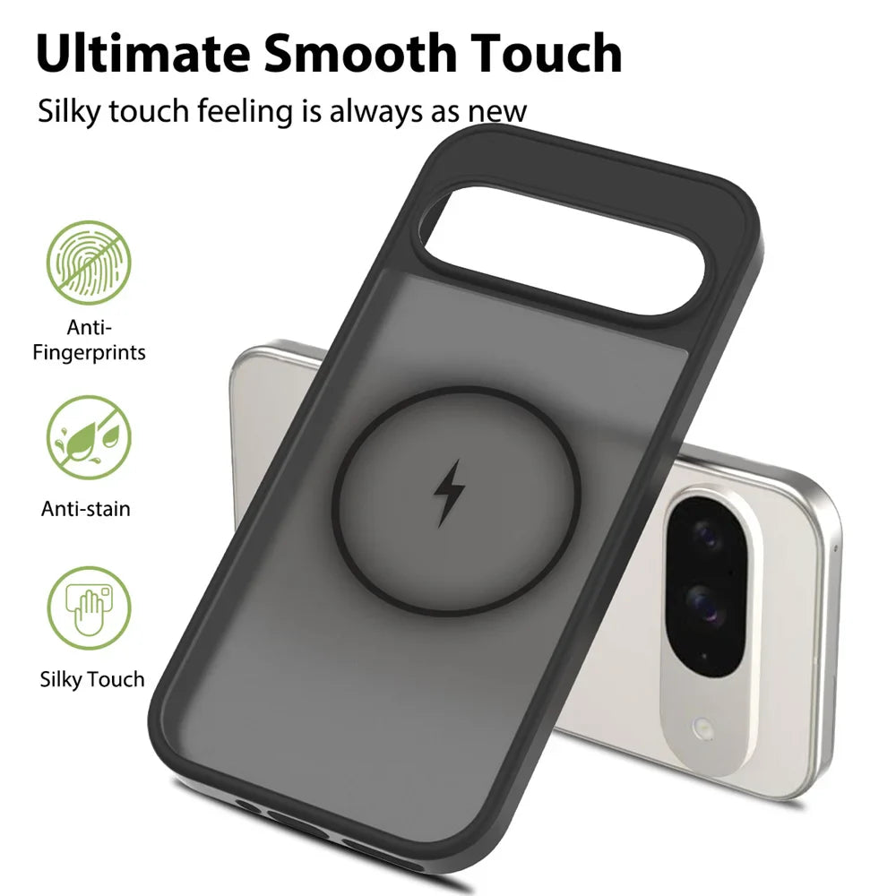 A translucent black phone case with a built-in magnetic charging ring, offering anti-fingerprint, anti-stain, and silky touch features.