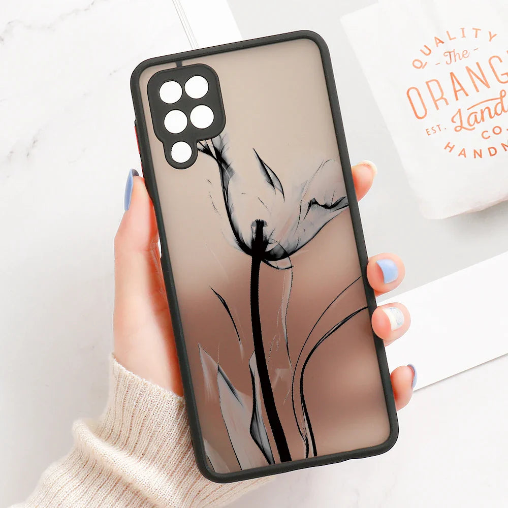 Translucent line art phone case for samsung galaxy s series with black gray abstract floral design and slim black border on back