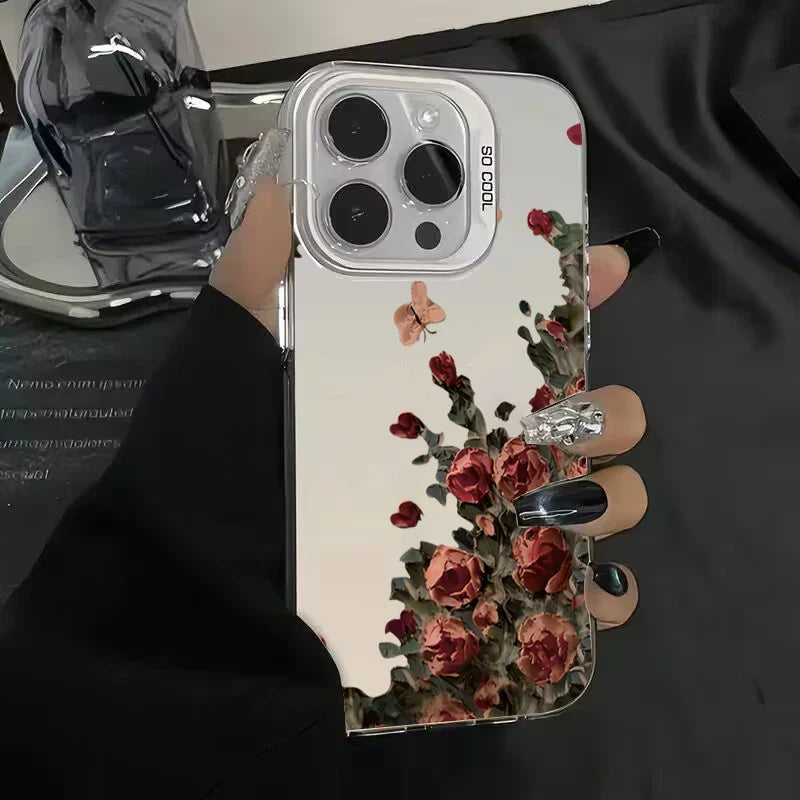Back side of a transparent retro matte red rose phone case with floral design and butterflies for samsung galaxy