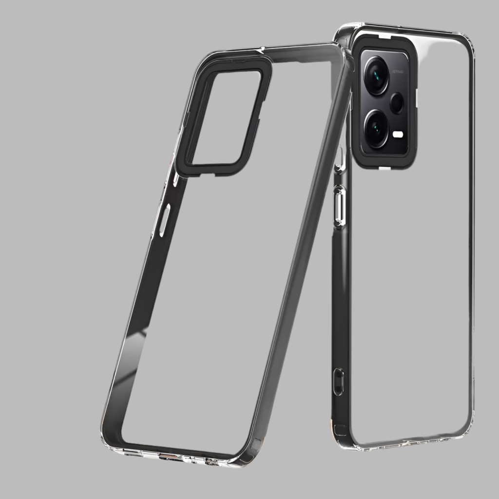 Transparent smartphone case with black edges and camera cutout.