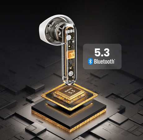 Transparent wireless earbud with Bluetooth 5.3 chip.