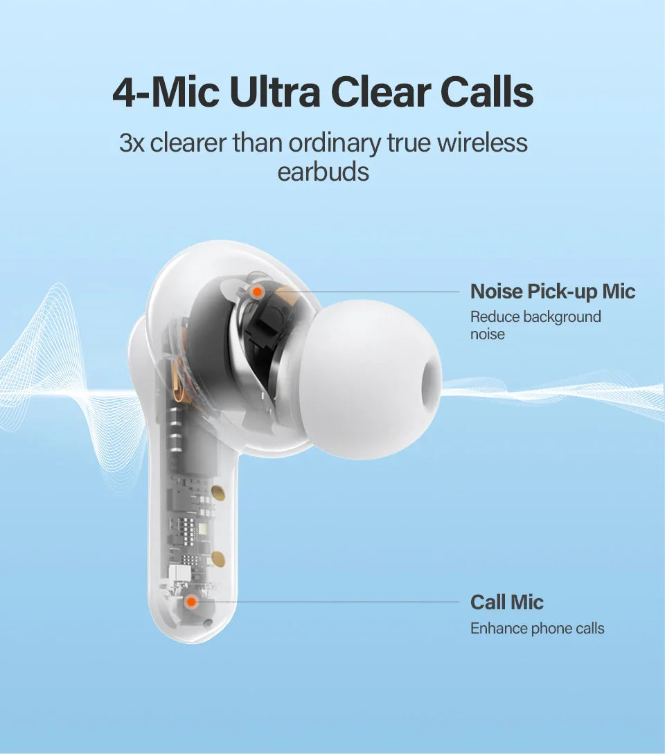 Transparent wireless earbud with microphone callouts.