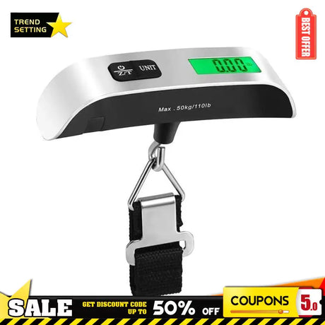 a black and white digital luggage scale with a yellow and black stripe