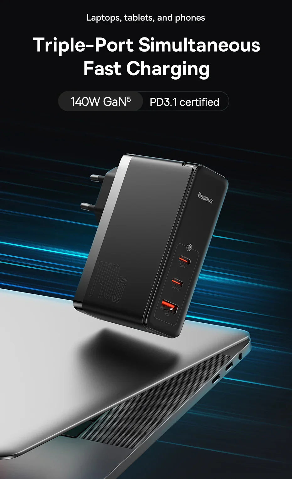 Triple-port fast charging adapter with 140W GaN technology and PD3.1 certification.