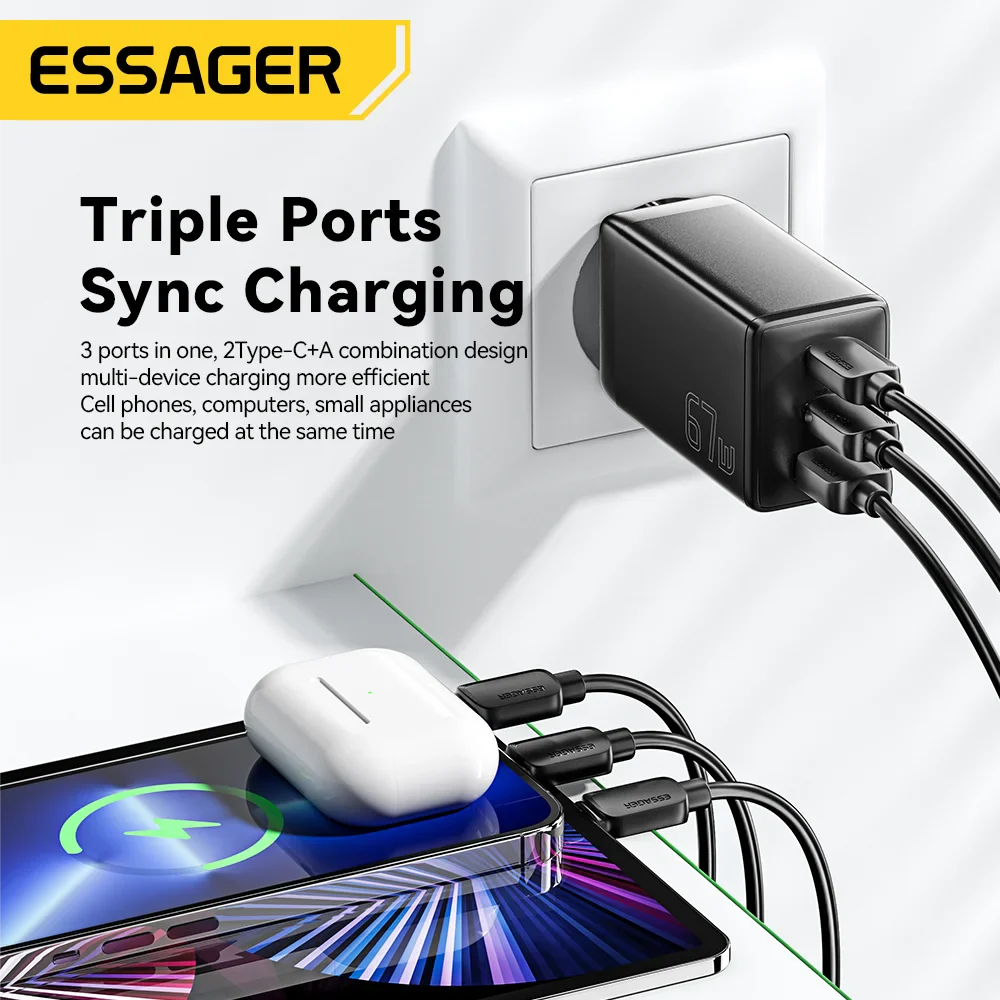 Triple-port USB charger adapter plugged into a wall outlet, charging multiple devices simultaneously.