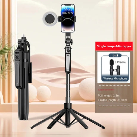 Tripod selfie stick with ring light and microphone.