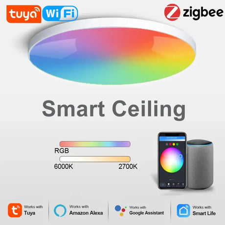 a picture of a smart ceiling light with a smart phone next to it