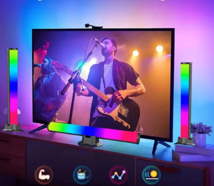 A tv screen with a man playing guitar