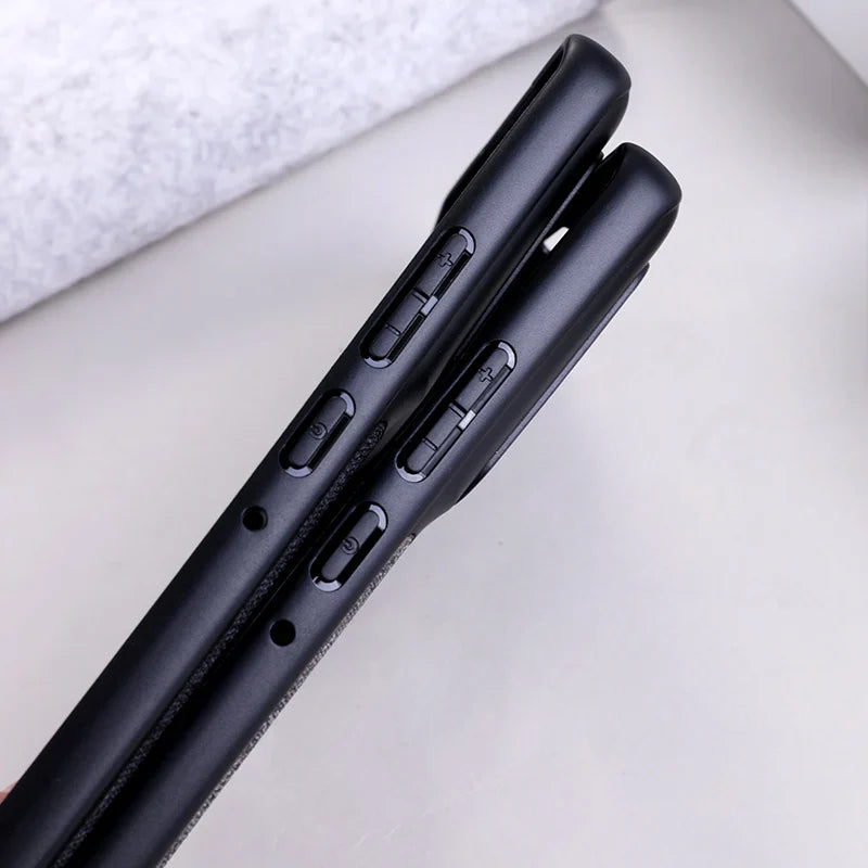 Two black mobile phone cases with visible side buttons.