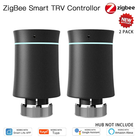 Two black ZigBee smart TRV controllers.