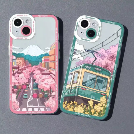 two cases with a picture of a street scene