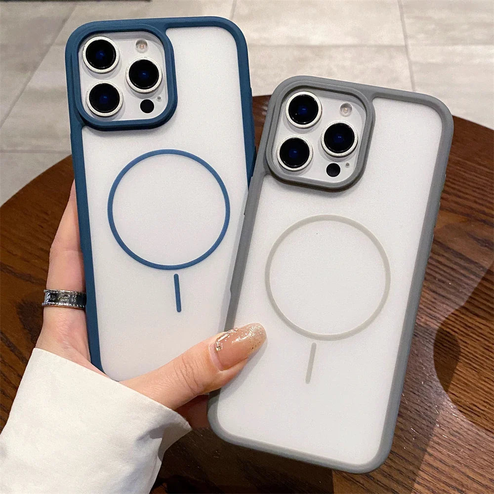 Two clear iPhone cases with colored borders.