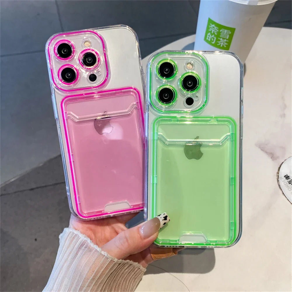 Two clear phone cases with card holders.