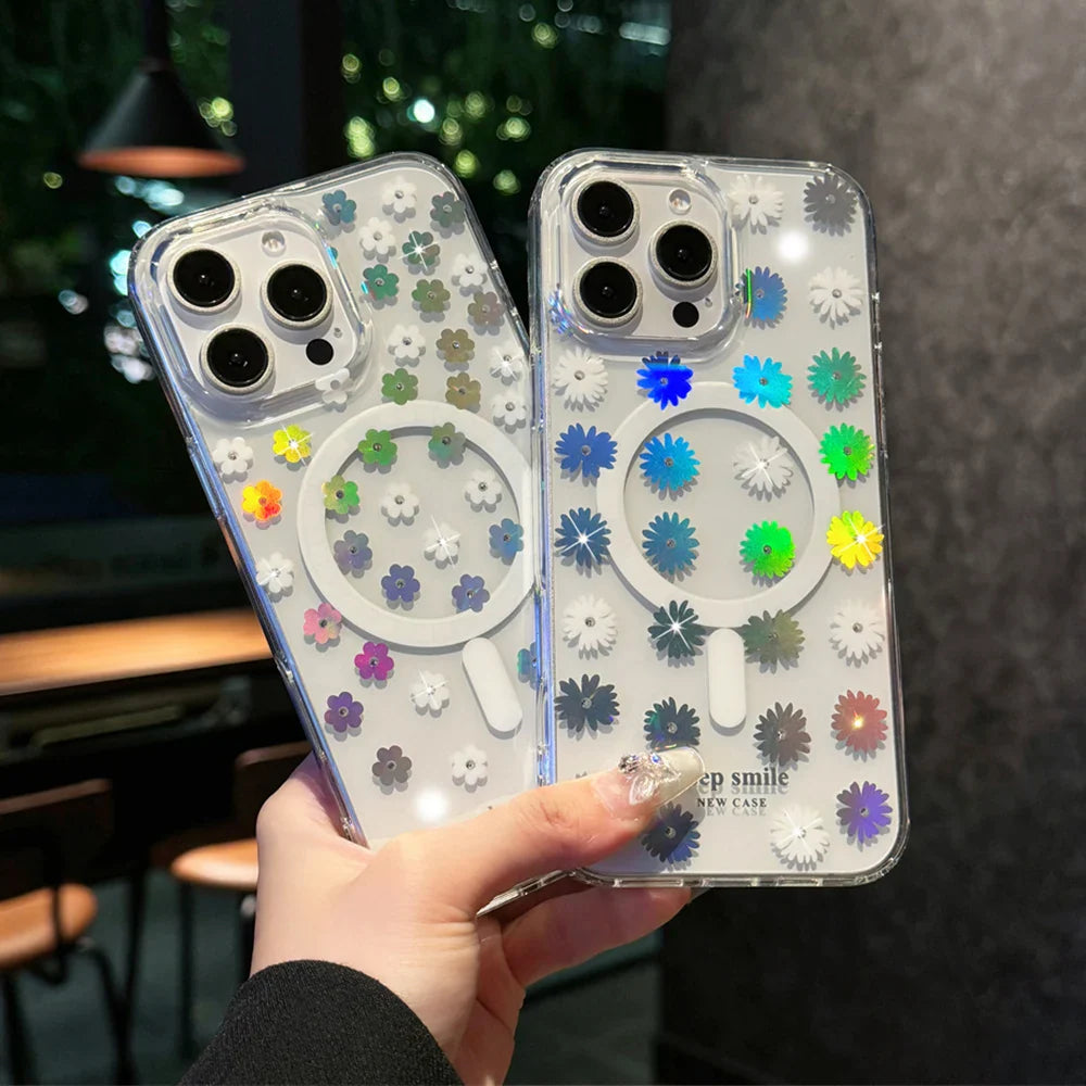 Two clear phone cases with flower designs.