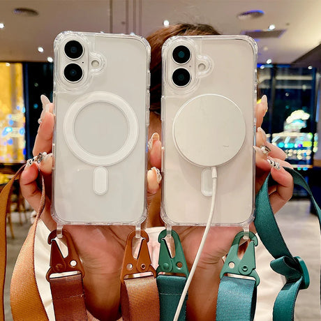 Two clear phone cases with magnetic chargers and straps.