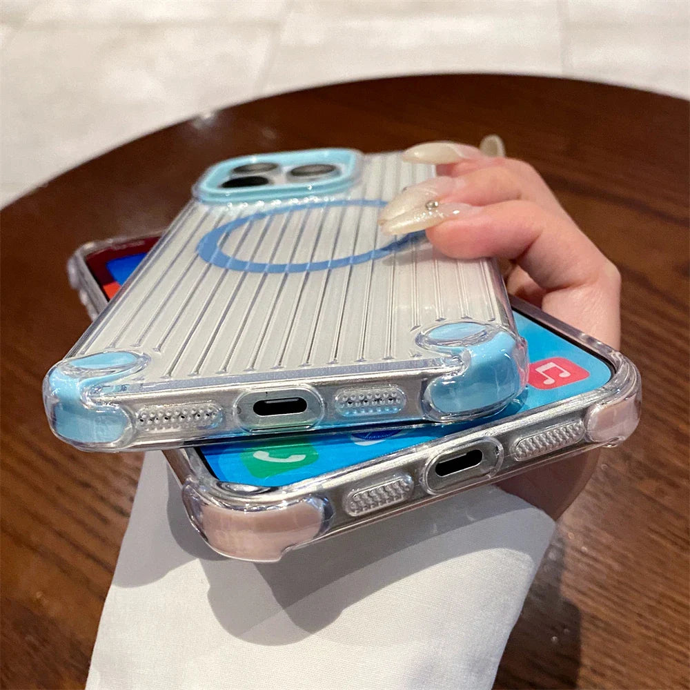 Two clear phone cases with blue and pink accents.