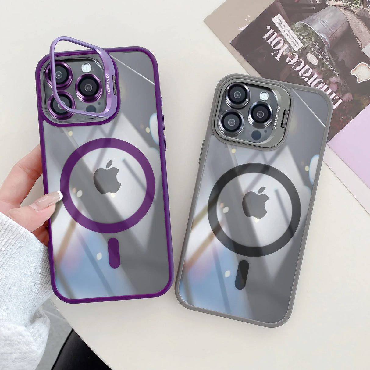 Two clear phone cases with magnetic ring.