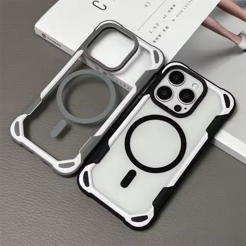Two clear, protective smartphone cases with black and white accents and magnetic charging rings.