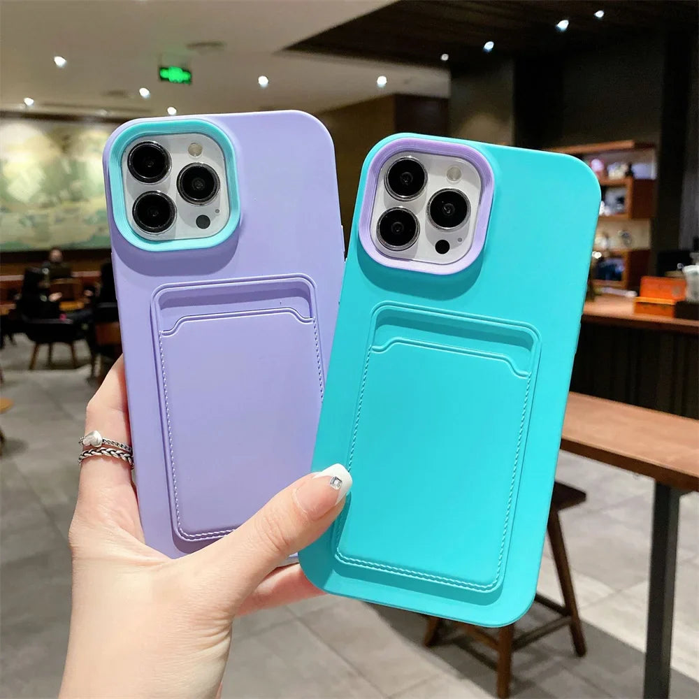 Two colorful phone cases with card holders.