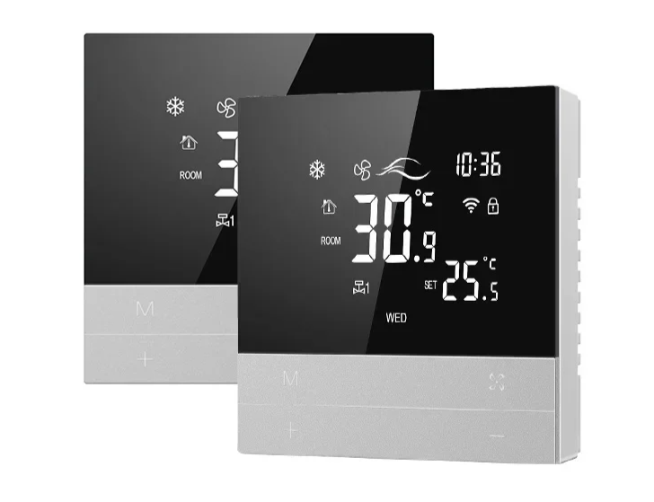 Two digital thermostats.