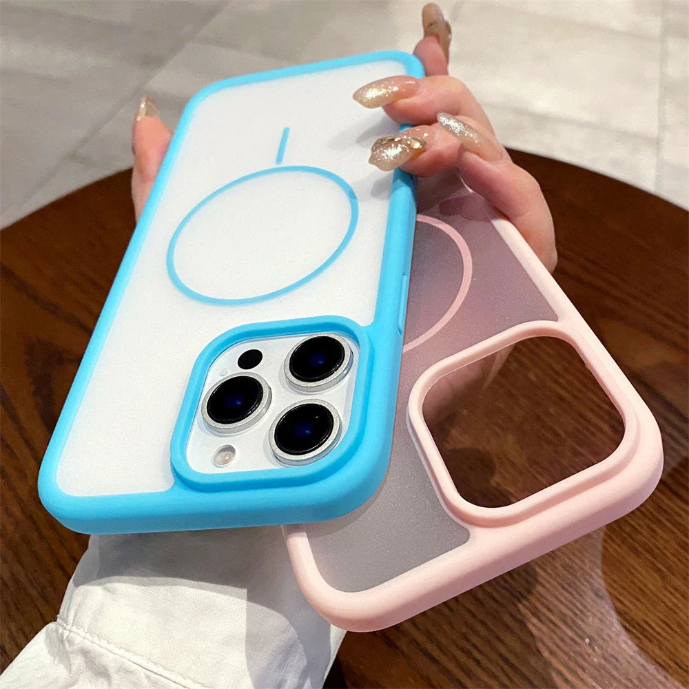 Two frosted phone cases with colored bumpers.