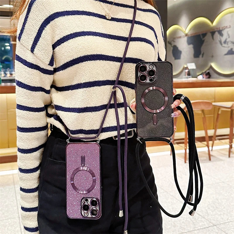 Two glittery phone cases with crossbody straps.