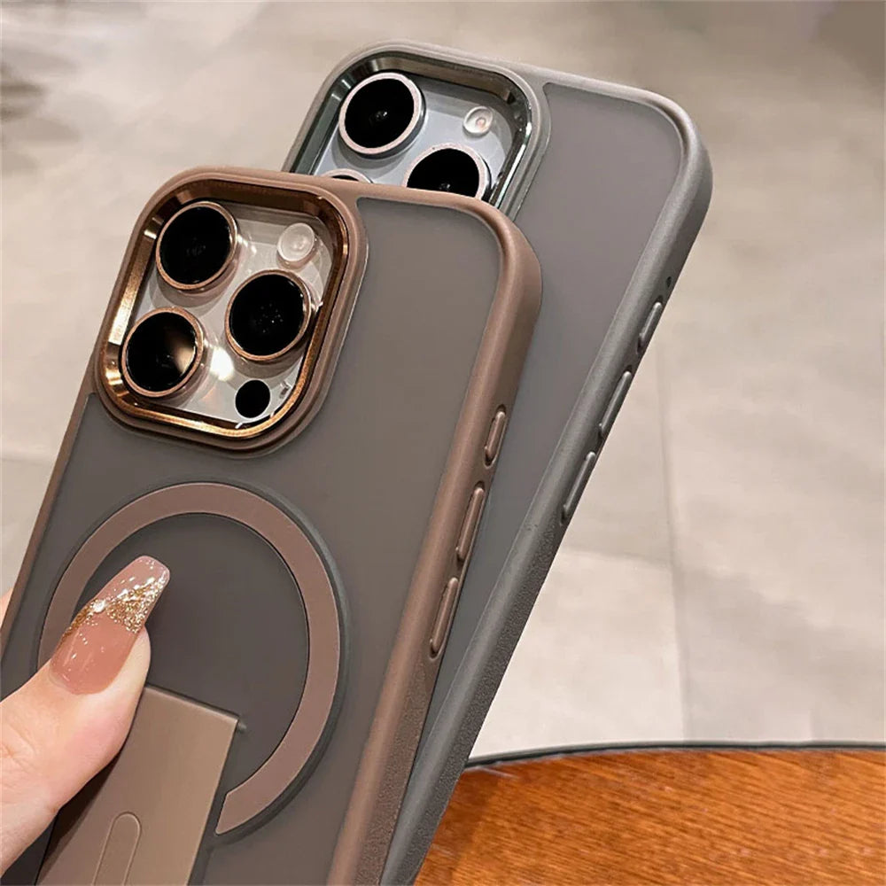 Two gray phone cases with camera lens protectors and magnetic stands.