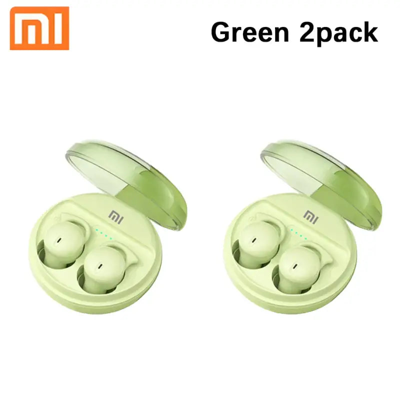 Two green earphones in a case with a white background