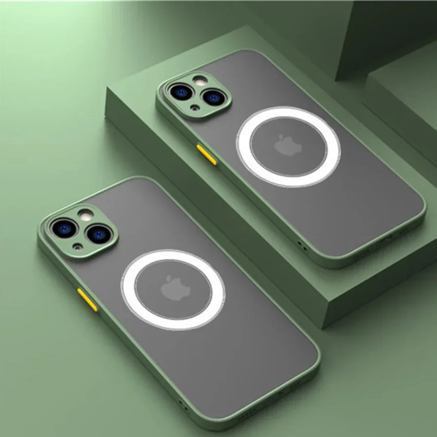Two green-trimmed, frosted-back iPhone cases with MagSafe rings.