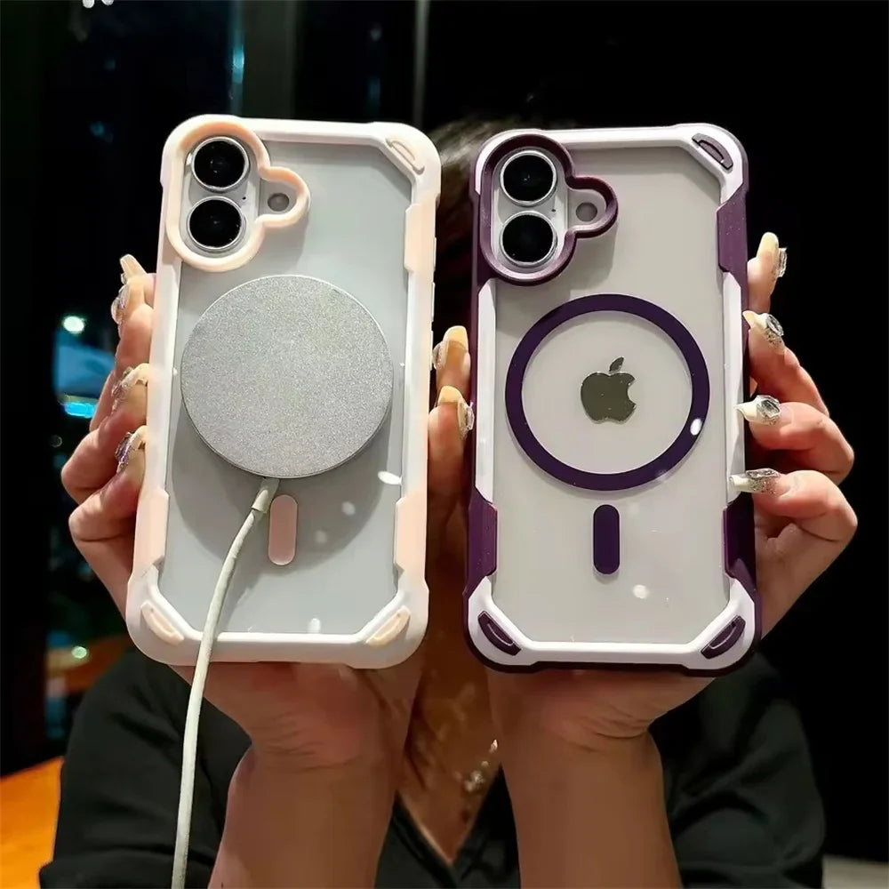 Two hands holding clear iPhone cases with colored protective bumpers and MagSafe-compatible accessories.