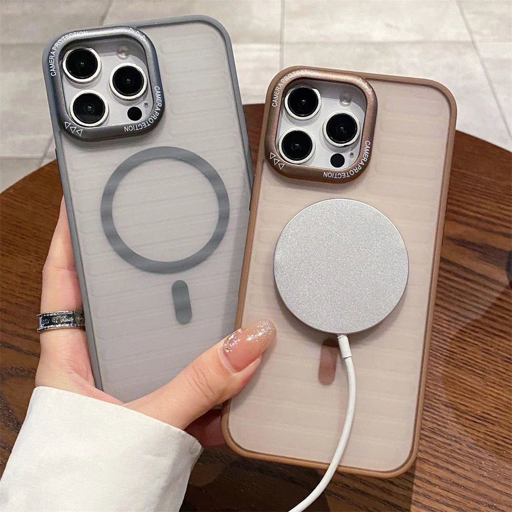 Two iPhone cases with camera protection and magnetic charging.