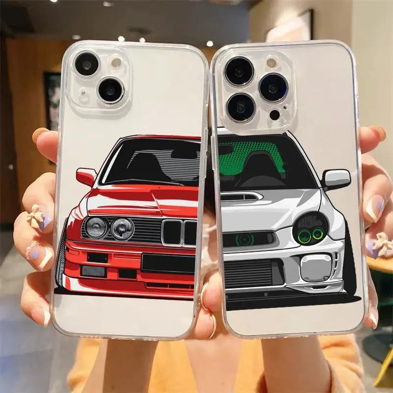 Two iphone cases with a car design on them