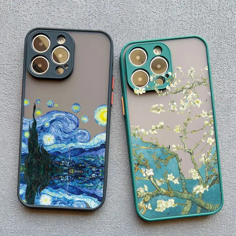 Two iphone cases with a painting of a tree and a starr sky